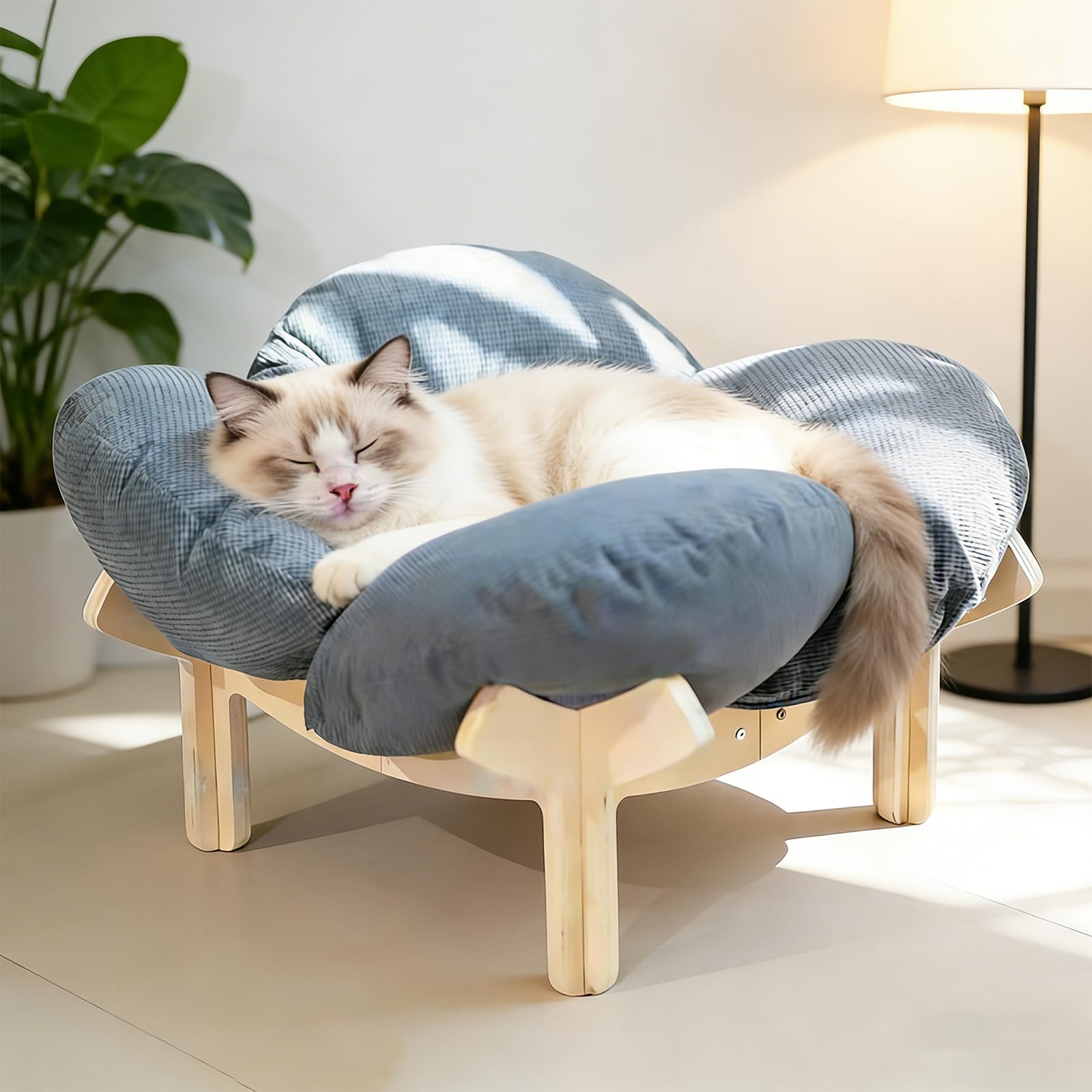 Erhöhtes Katzenbett aus Holz, Flauschiges Katzensofa in Blumenform, Katzenkissen mit waschbarem & Holzrahmen für kleine Katzen, Hunde, Katzenmöbel, 55L x 55W x 32H cm