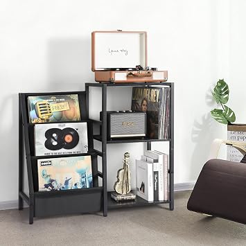 Bikoney Record Player Stand, Turntable Stand with 3-Tier Vinyl Record Storage, Record Player Table Up to 200 Albums, End Table for Records, Vinyl Record Holder