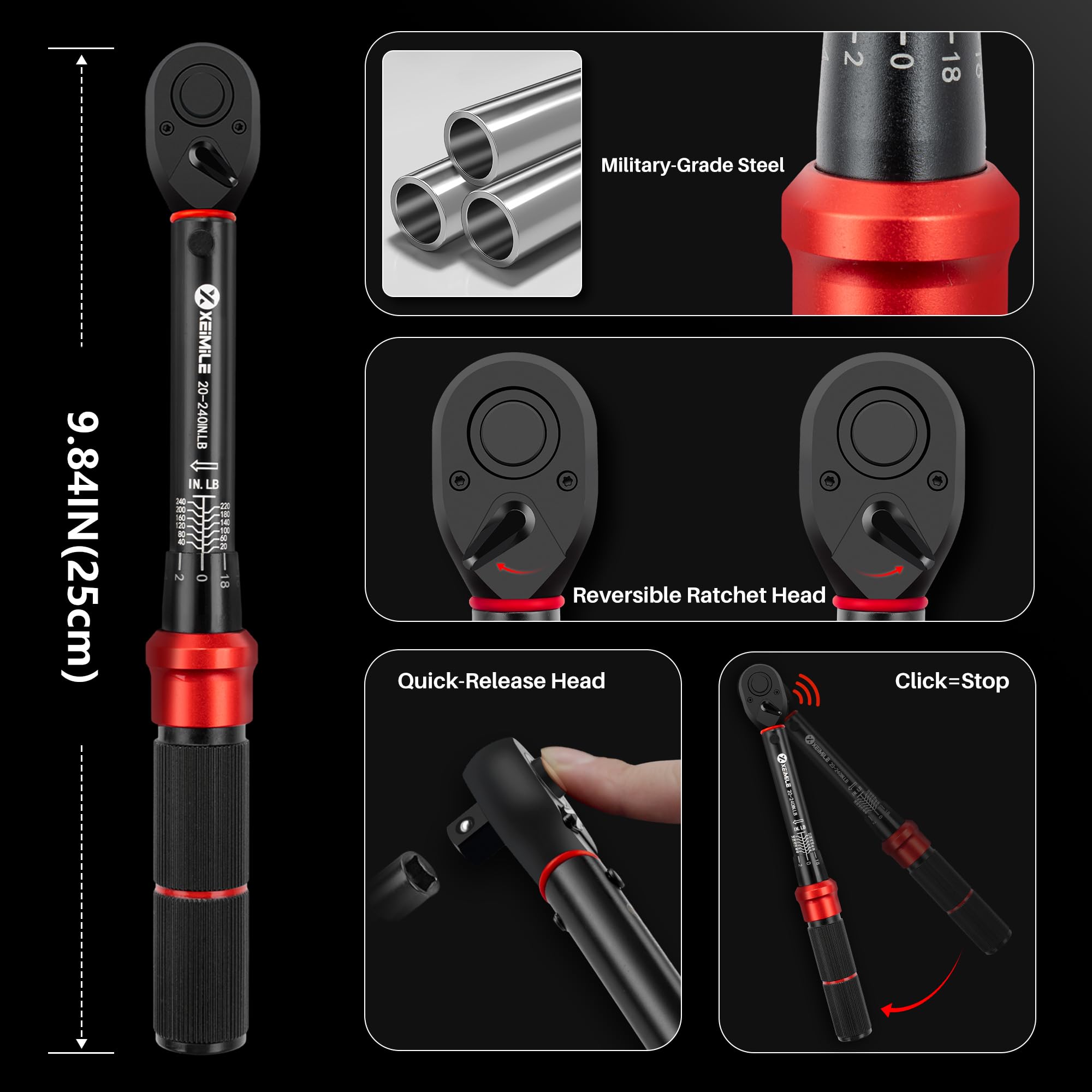 Llave dinamométrica de 1/4 pulgadas, 20-240 en Lb/2.3-27.1 Nm, llave dinamométrica ajustable de 72 dientes de doble dirección, con escalas de doble rango, alta precisión del 3% para reparación
