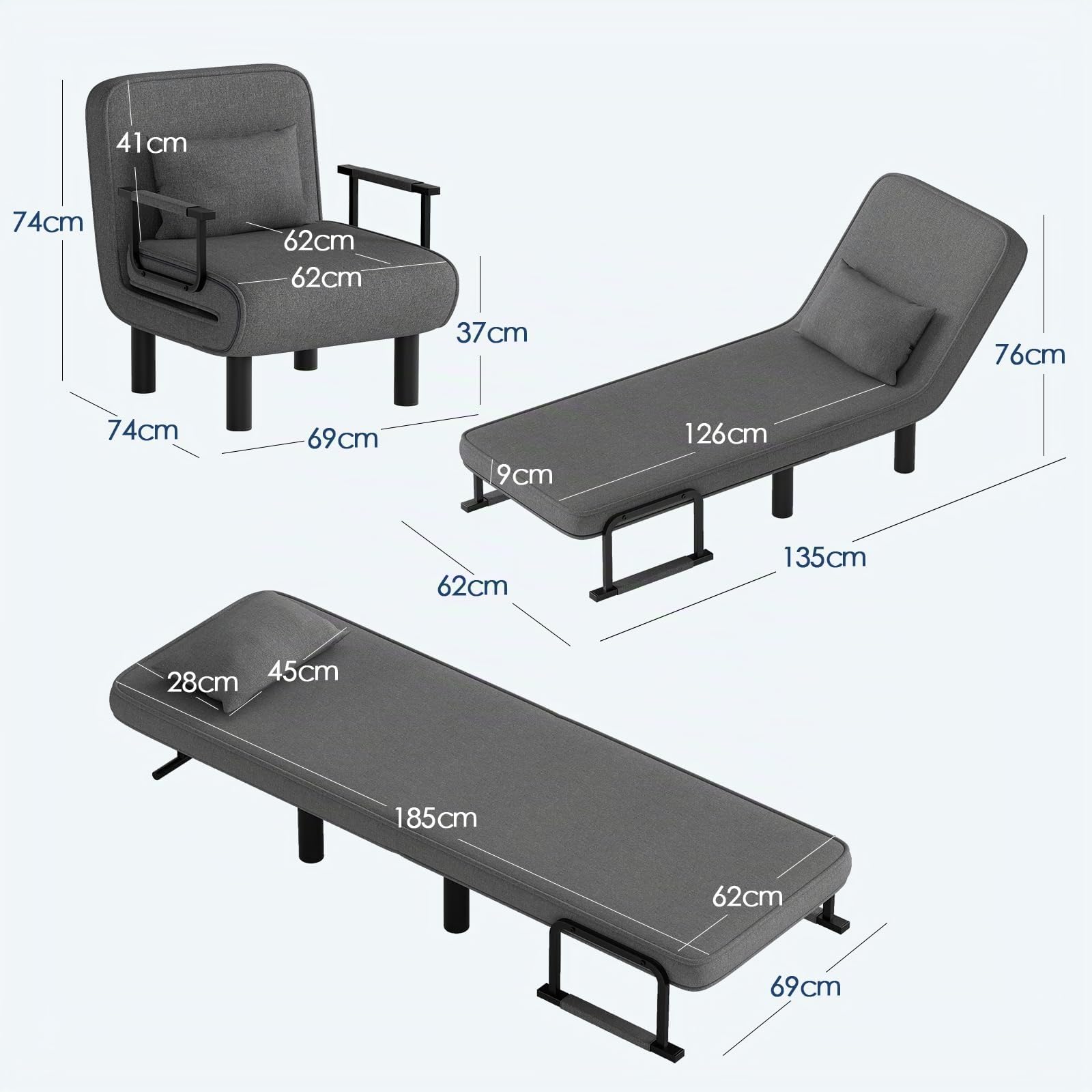Schlafsessel 4 in 1 mit Bettfunktion, Gästebettfür, Schlafsofa mit Bettfunktion, Sessel mit Schlaffunktion mit Verstellbar Rückenlehne für Schlafzimmer Wohnzimmer Balkon, Dunkelgrau