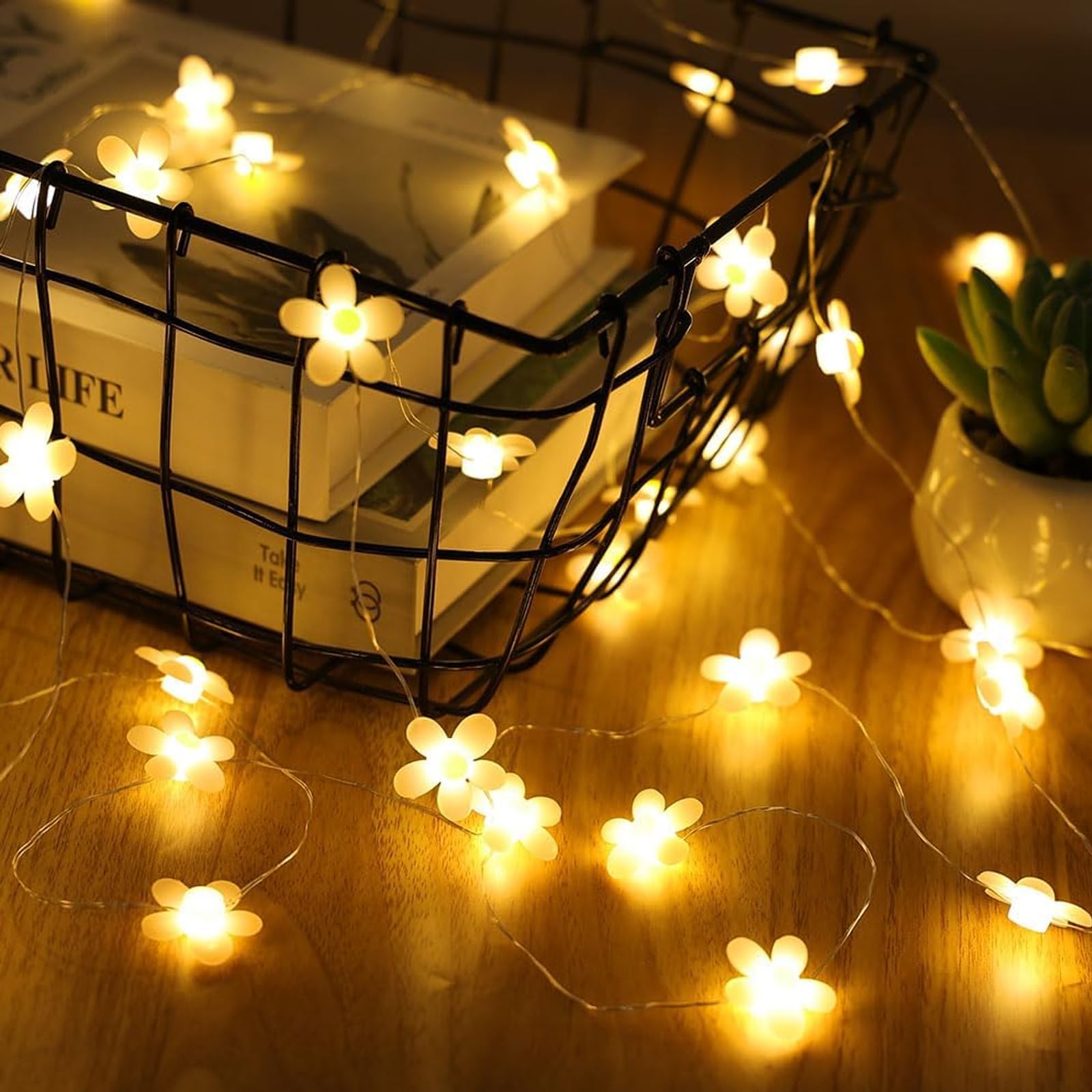 ALEGRE® łańcuch świetlny kwiaty na baterie, 2 m, 20 diod LED, łańcuch świetlny w kształcie kwiatów, łańcuch świetlny z miedzianego drutu w kształcie kwiatów, ciepła biel, świetlne kwiaty do wnętrz, na