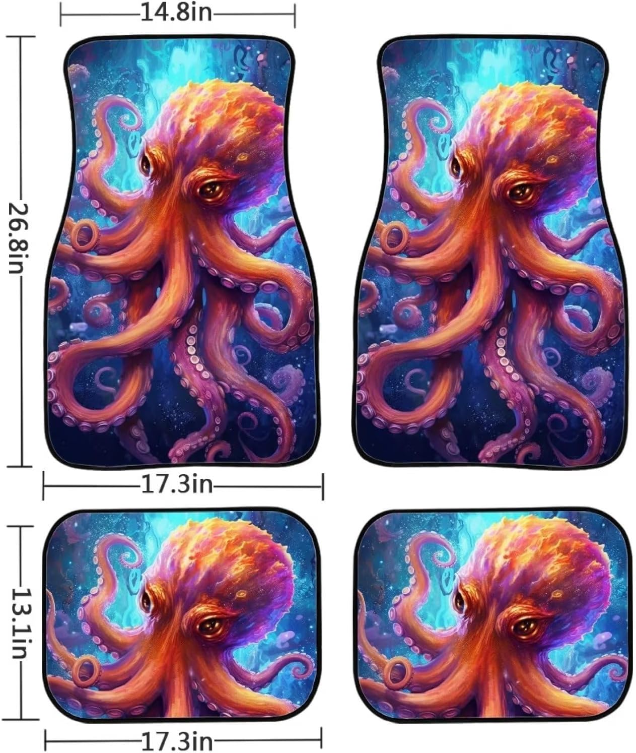 Cool Octopus Car Floor Mats for Women Men Gift Full 4 Set of Front & Rear Anti-Slip Foot Mat All Weather Universal Fit for Auto Cars Sedan SUV Automotive Interior