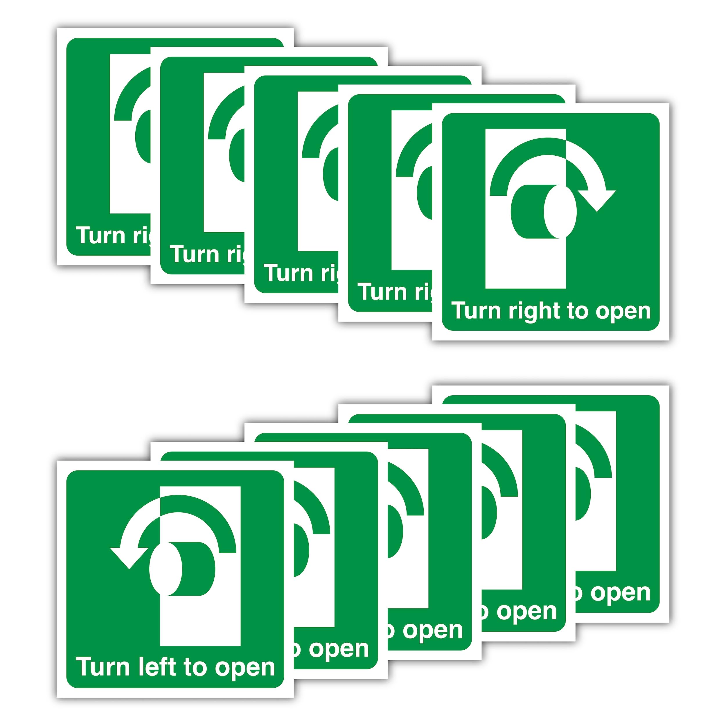 Pack of 10 Turn to Open Stickers – 5 Right & 5 Left – 100mm x 100mm Waterproof Vinyl Labels – Self Adhesive Thumb Turn Fire Door Signs