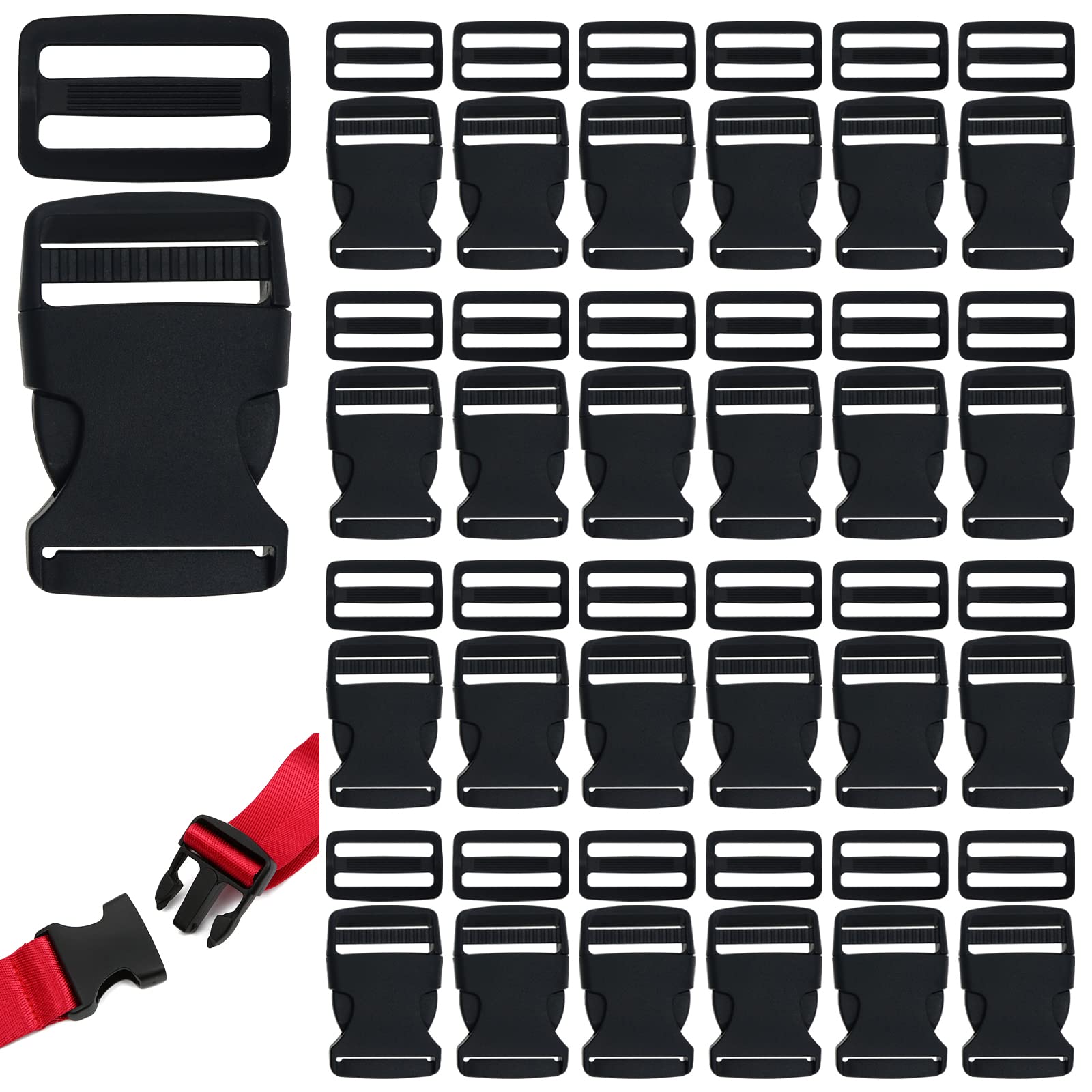 Luckycivia 30 Pack 1.5 Inch Flat Side Quick Release Plastic Buckles and Tri-Glide Slides Adjustment Clips, Flat Heavy Duty Dual Adjustable Buckles for