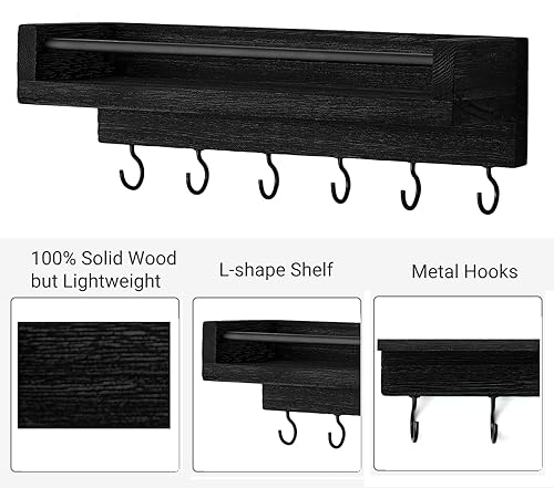 Miniatura 4 de Mkono Llavero para pared, 9.5 x 3.5 x 2.5 pulgadas, pequeño estante flotante de madera negra con 6 ganchos, colgador decorativo para llaves para