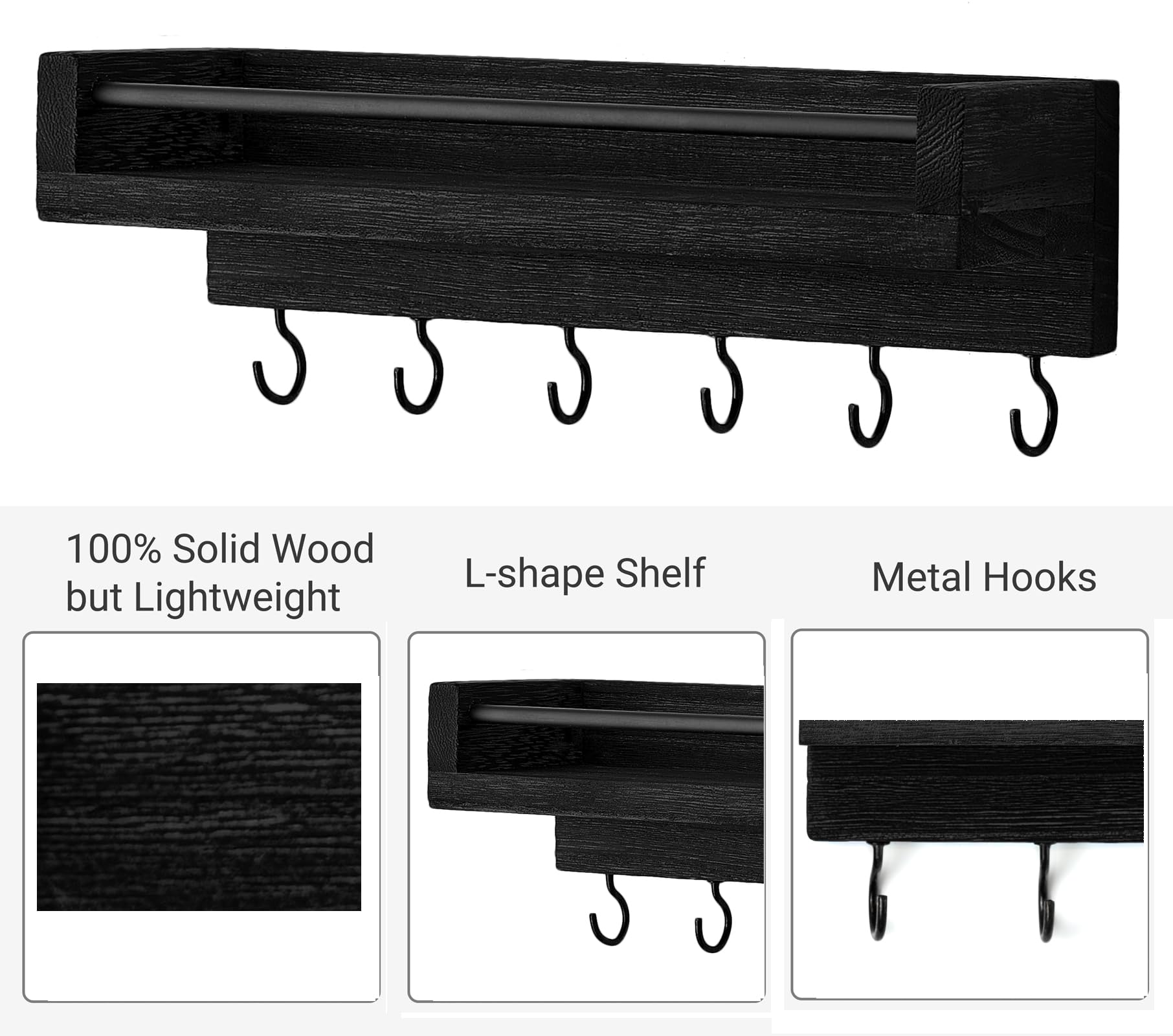 Mkono Key Holder for Wall Small Key Rack with 6 Hooks Decorative Display Keys Hanger Organizer Mail Holder for Hallway Entryway Living Room Office Home Decor (Black - Image 4