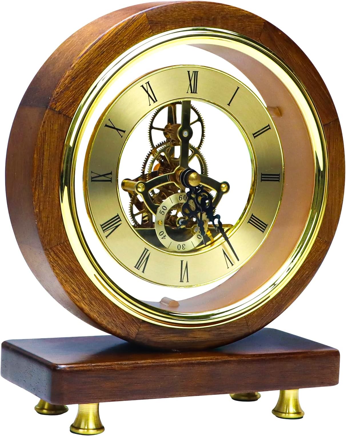 JUSTUP Wooden Mantel Table Clock, Vintage Unique Silent Imitation Mechanical Gear Home Decor Bedroom Ornaments Desktop Clock with Pure Copper Inner Frame, Clock Faces for Crafts Battery Operated