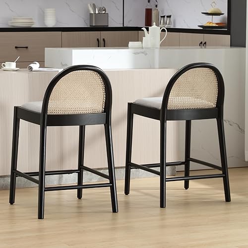 Miniatura 3 de LukeAlon Juego de 2 taburetes modernos de lino para mostrador, de 26 pulgadas de altura de asiento, con patas de madera, caña de ratán natural,