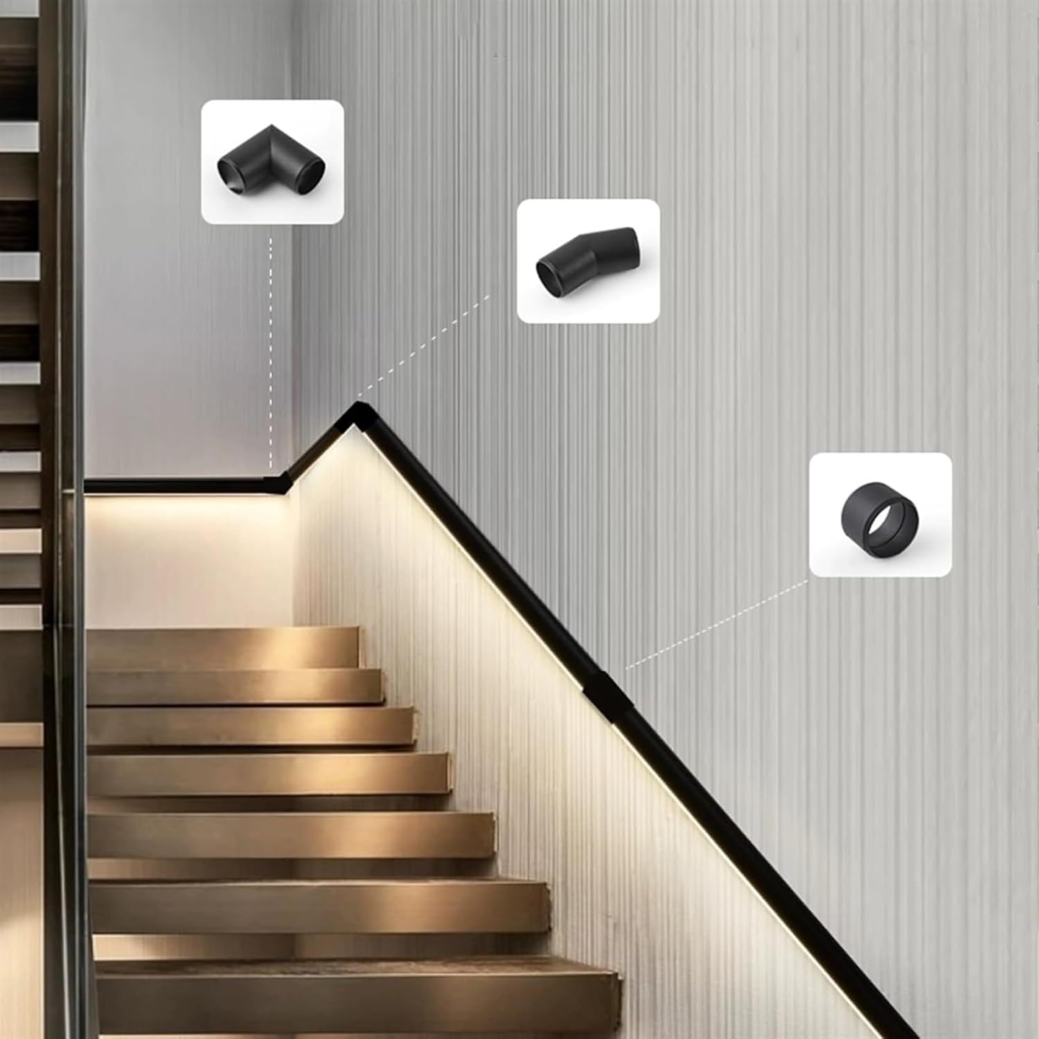 Up and down luminescence Stair Handrails Banister Kit - Double-sided Light LED Handrails for Indoor, Illuminated Handrail Stairs with LED Warm Lighting Systems, Rustic Black Industrial Pipe Railing(Se