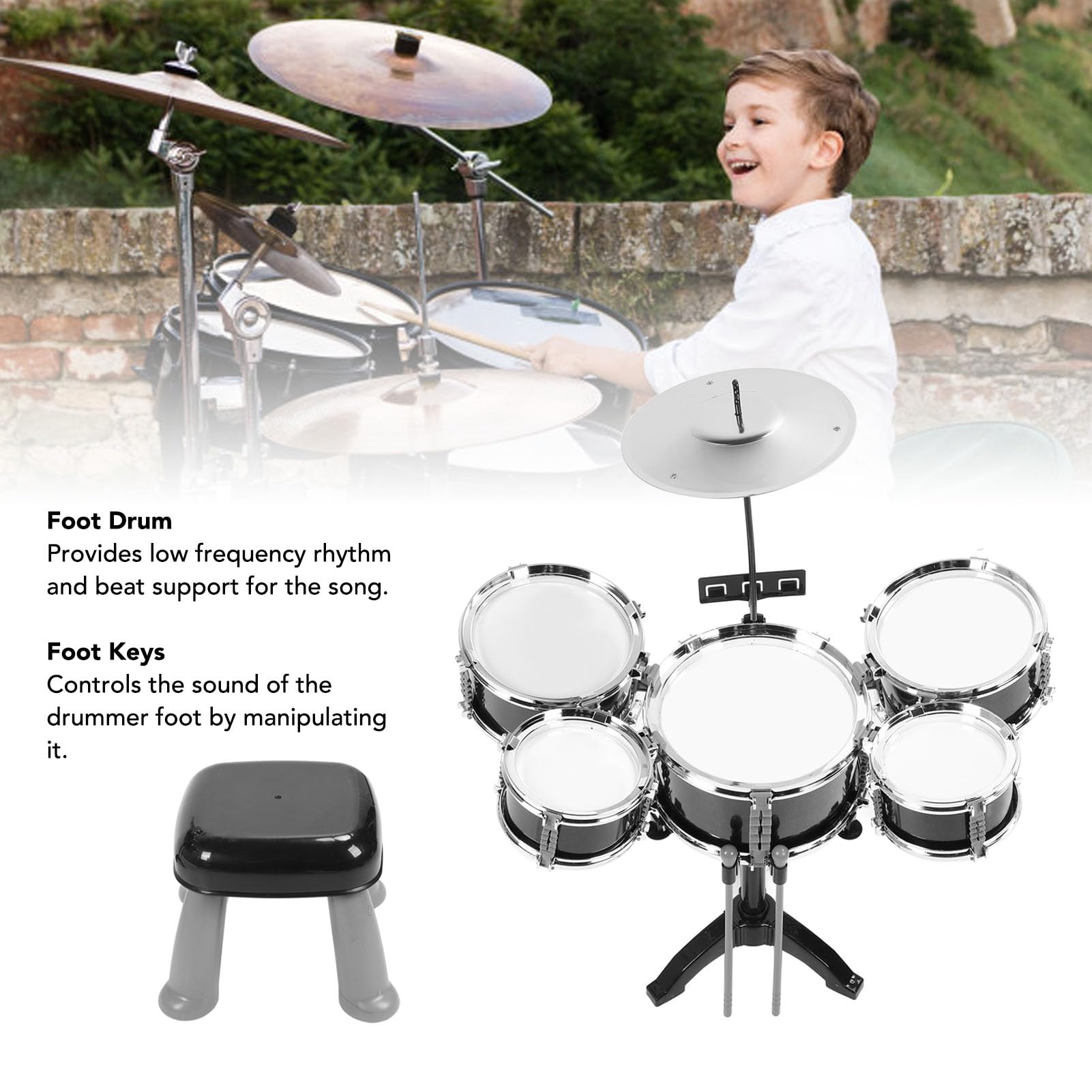 Kit di Batteria Jazz per Bambini Dai 3 Anni in su con Supporto Regolabile