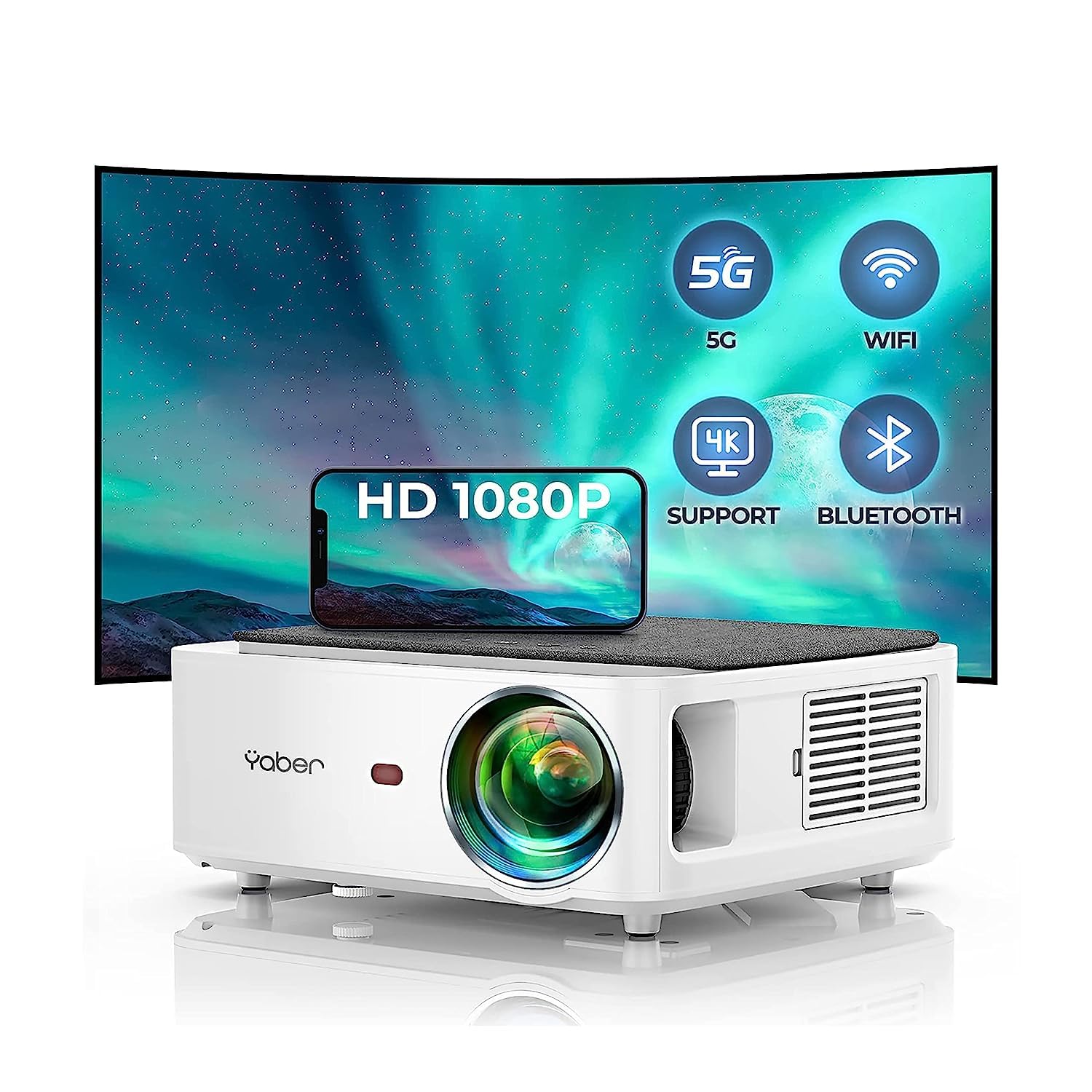 Projector with WiFi and Bluetooth, 13000L Outdoor Movie Projector Native 1080P 5G WiFi 4K Supported, YABER V6 Portable Home Theater Projector, 300