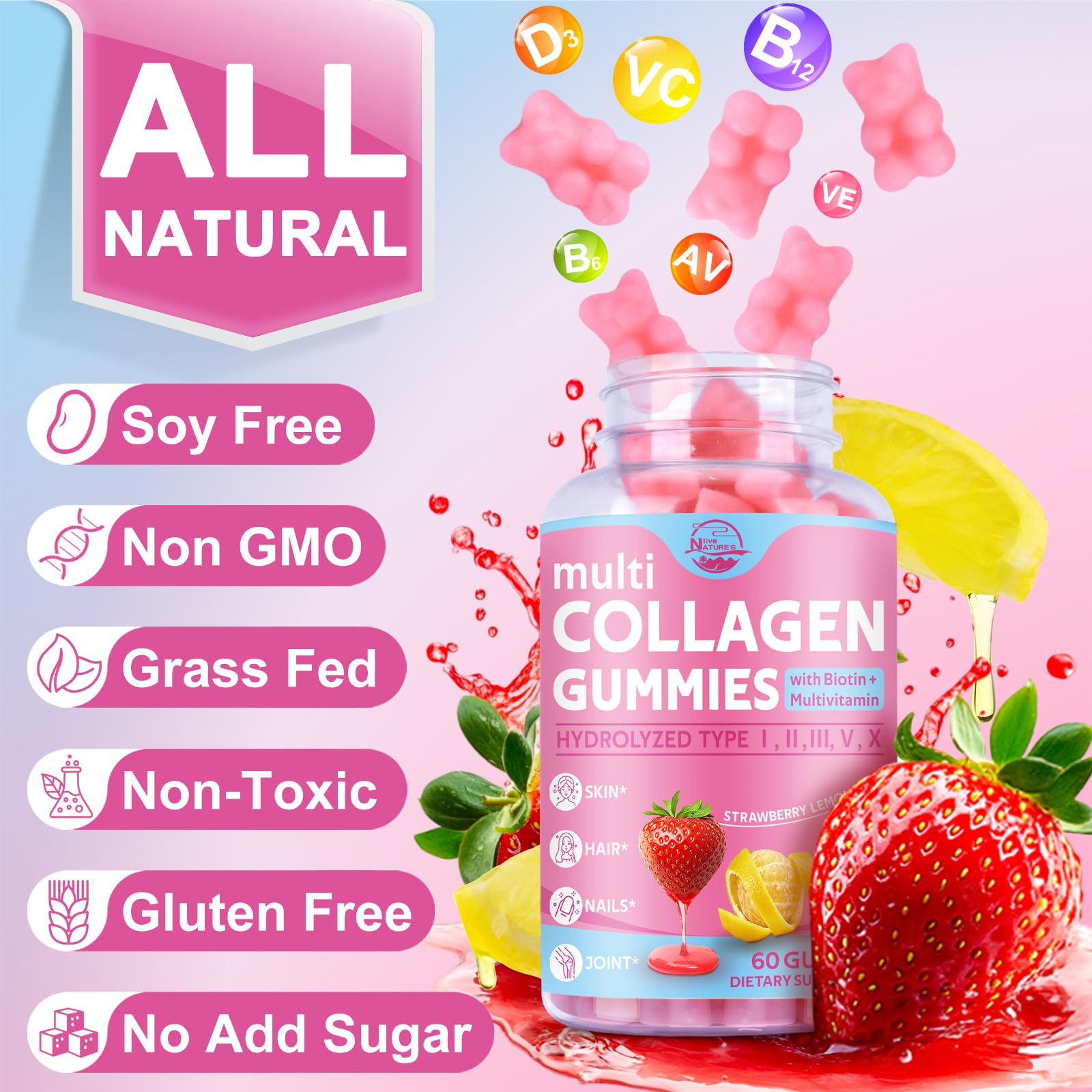 Nature's live Multi Collagen Peptides Gummies, Type I, II, III, V, X — Amazon image 7