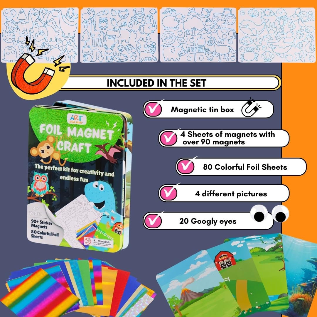 Foil Fun Art Kit for Kids - Reusable Animal Foil Art for Girls & Boys, DIY Mess-Free Girls Craft Kit w/Magnets, Ideal Travel Toy & in Car Activities for Kids (Tiere)