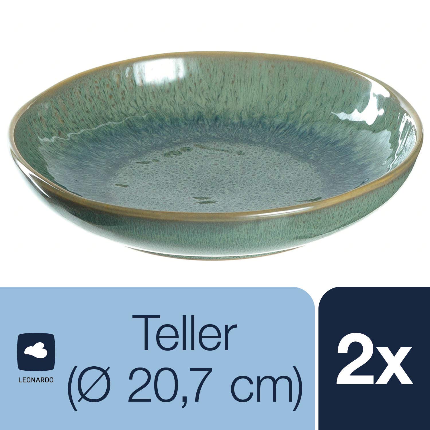 Leonardo Matera 026987 Lot de 2 assiettes creuses, en céramique, passent au lave-vaisselle, avec émail, 2 assiettes rondes en grès, en vert, diamètre : 20,7 cm