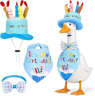 Happy Birthday Porch Goose Outfit with Happy Birthday Cake Hat Bandana and Bow Tie Lawn Porch Goose Costumes for 23" 17" Cement Plastic Porchs Gooses Outdoor Statue Patio Yard Lawn Art