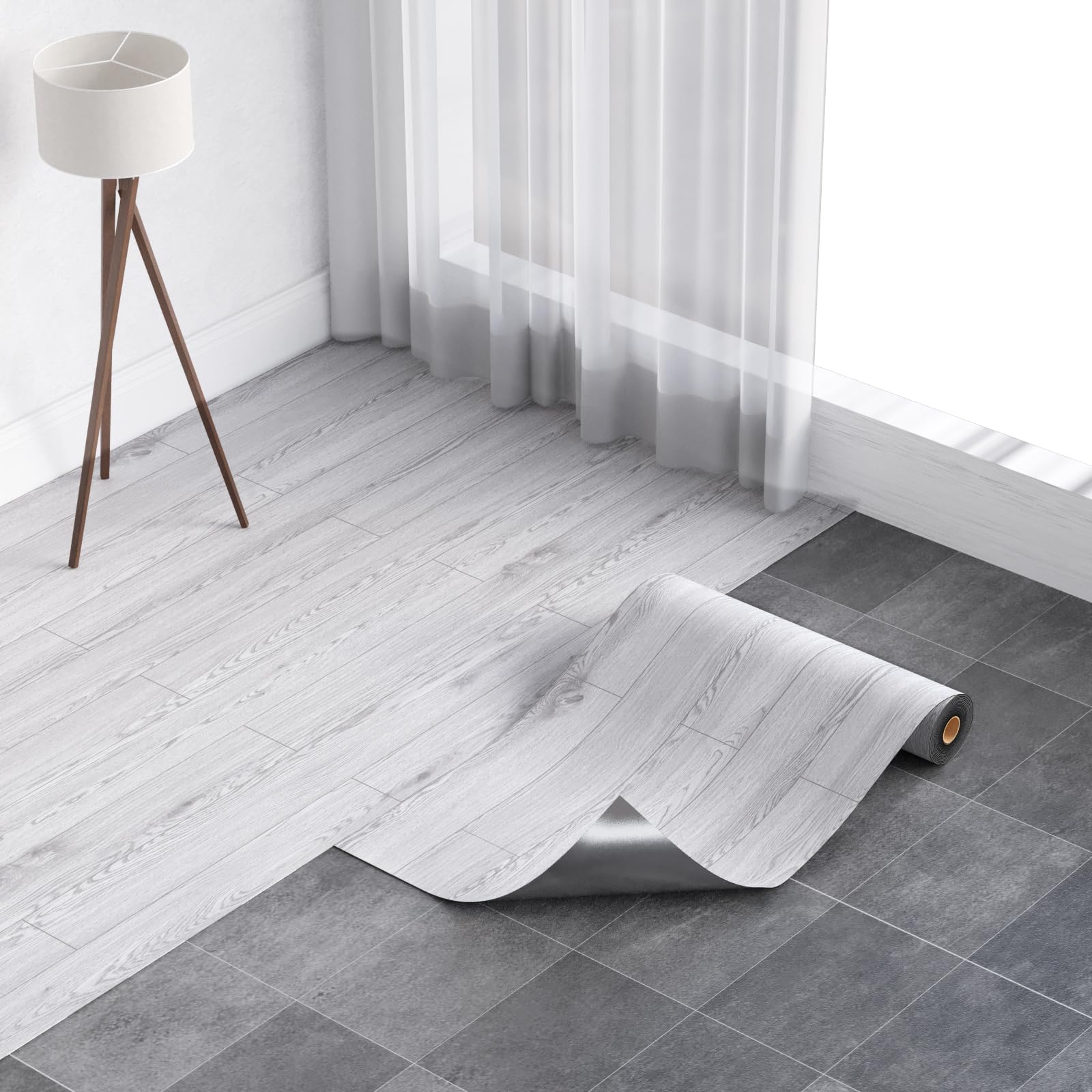 Homease Peel and Stick Floor Tiles - 23.6"Wx 118"L/ 19 Sq.Ft, Wood Grain Vinyl Flooring Roll, Durable & Waterproof Vinyl Plank Flooring for Any Room, Easy DIY Flooring Solutions, Grey-White Oak