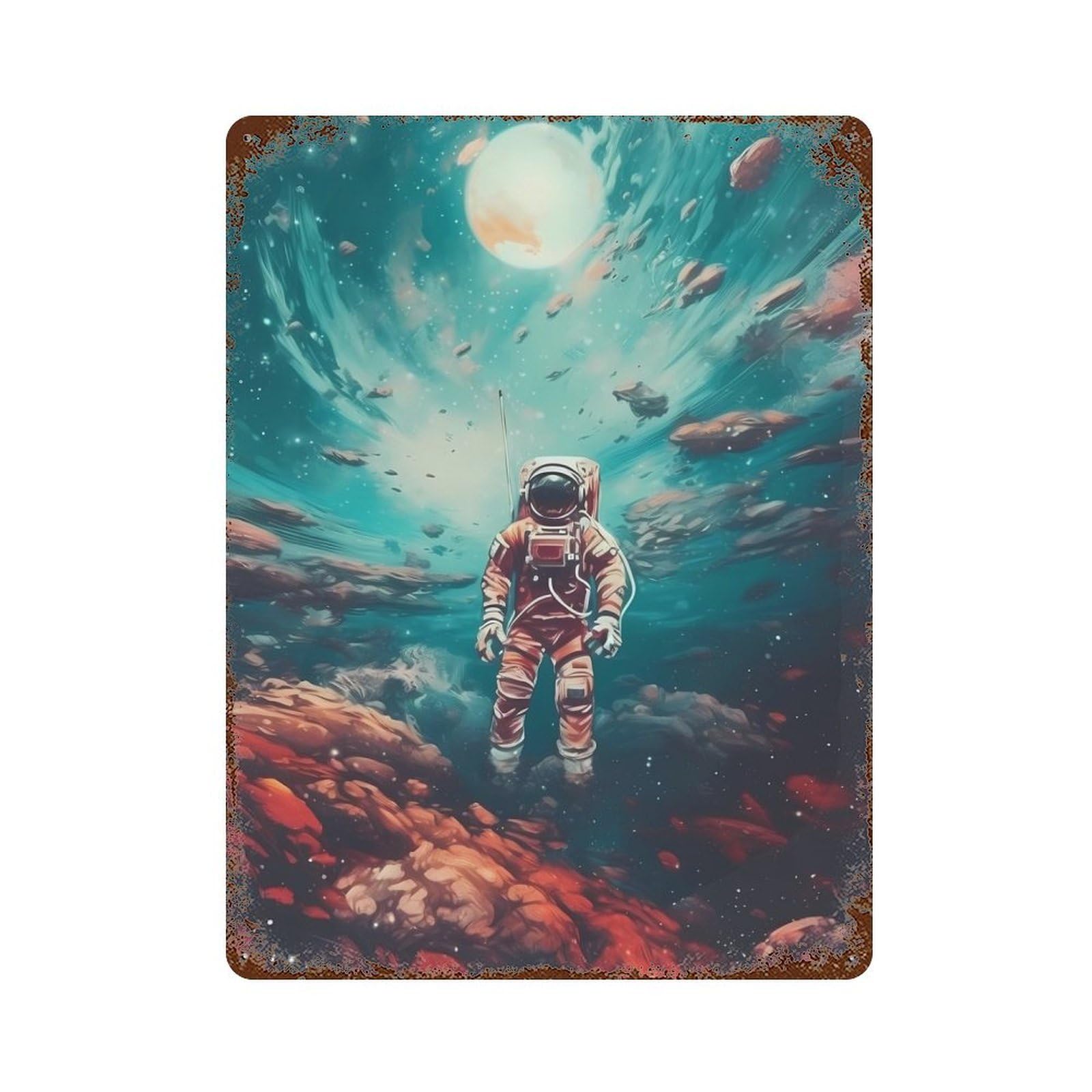 Garage Style Astronaut Planets Rustic Tin Plaque 15.7"x11.8", Industrial Home Decor for Bar And Workshop