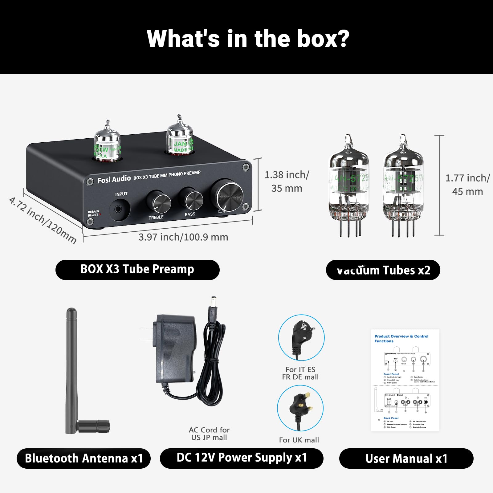 Fosi Audio BOX X3 5725W Lampowy Przedwzmacniacz Gramofonowy Przedwzmacniacz Gramofonowy do Gramofonu MM Bluetooth 5.0 Mini Stereo Hi-Fi Przedwzmacniacz do Domowego Odtwarzacza Audio Nagłośnienie