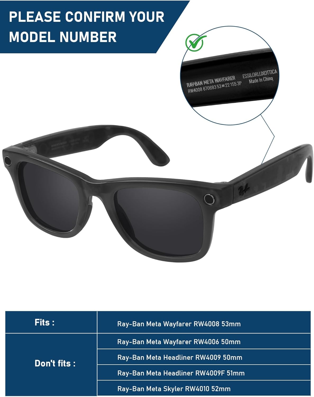 Transitional Replacement Lenses for RayBan Meta Wayfarer RW4006-50/RW4008-53 & Gen 2 RW4012 50mm & 53mm AI Glasses - Image 2