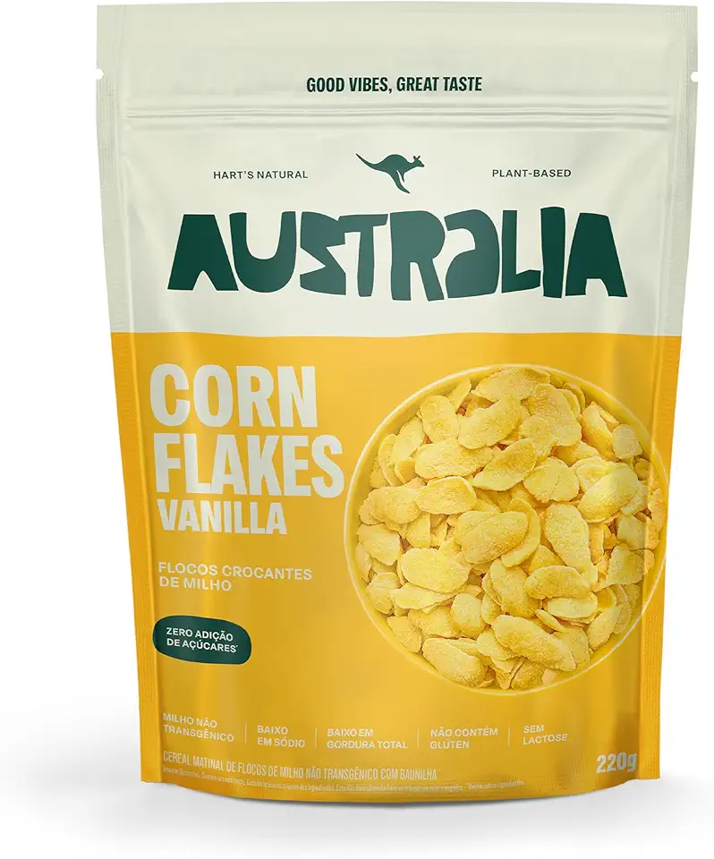 Cornflakes Australia Cereal Matinal, Sem Adição de Açucar, Sem Glúten, Sem Lactose, Vegano, 100% Natural, Alto em Fibras, 220g