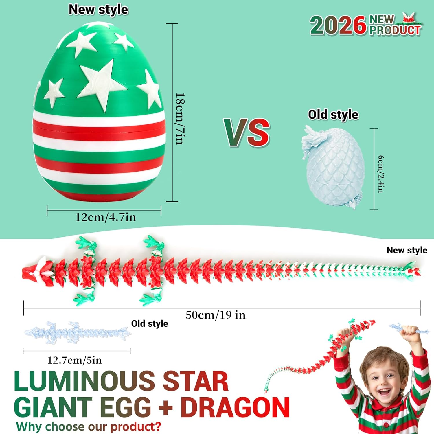 Cinderwing3D 19 Inch Large 3D Printed Dragon, 3D Dragon Egg Glow in the Dark, Big Dragon in Egg, 3D Dragons Fidget Toy Gift for Kids Boys Teen Girl