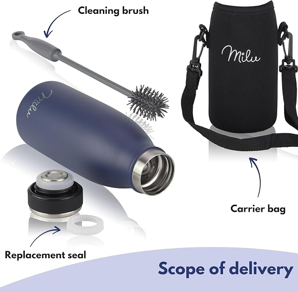 Milu Stainless Steel Drinking Bottle 350 ml - Insulated Thermo Flask for Water - Leak Proof, Insulated and Double Walled, Carbonated (Navy Blue, 350ml) - 5