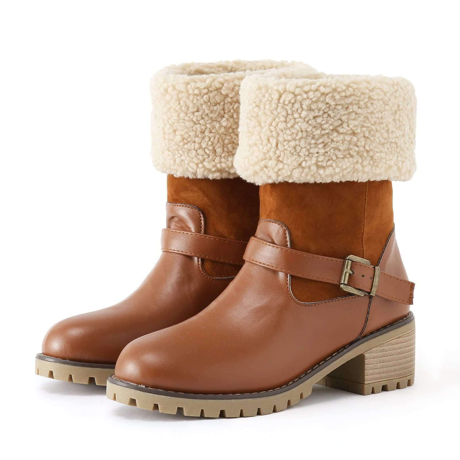 Womens Winter Boots with Fur Lined Chunky Heel Round Toe Snow Boot Closed Toe Buckle Fold Over Mid