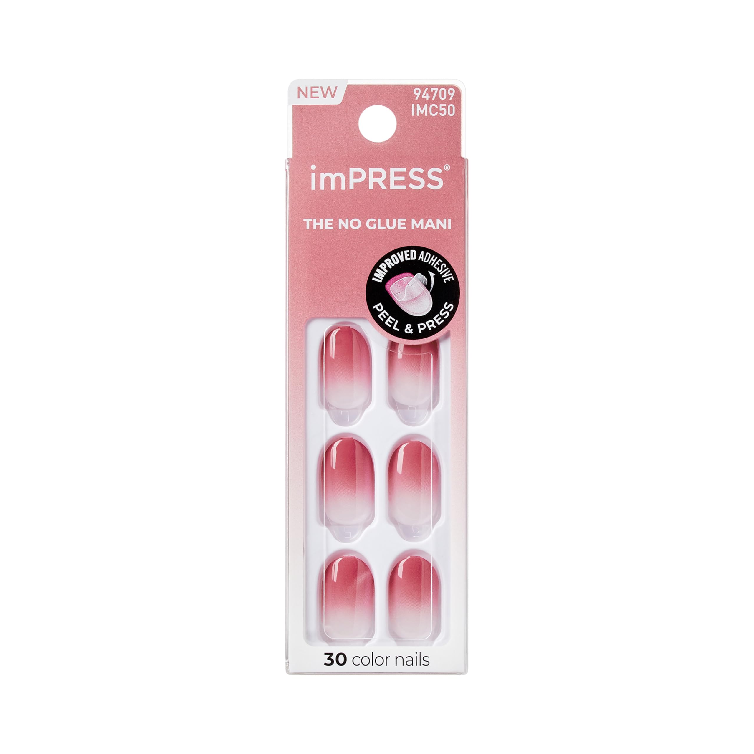 imPRESS Color Manicure, Samoprzylepne Paznokcie, Model "Beat The Heat", 30 Sztuk - Różowe Ombre/Baby Boomer, Krótki Owal (Bez Kleju, Gotowe w Minutę)