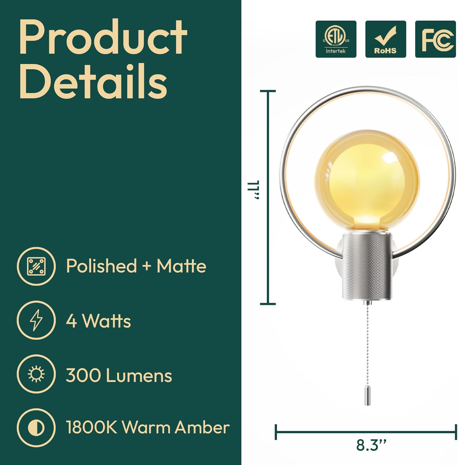 ALAMPEVER Modern Wall Sconce with Pull Chain, Metal Silver Wall Lights with G125 Glass Globe Bulb, Wall Mount Light for Enhancing Indoor Ambience in Bedroom, Living Room, and Hallway, 1 Pack