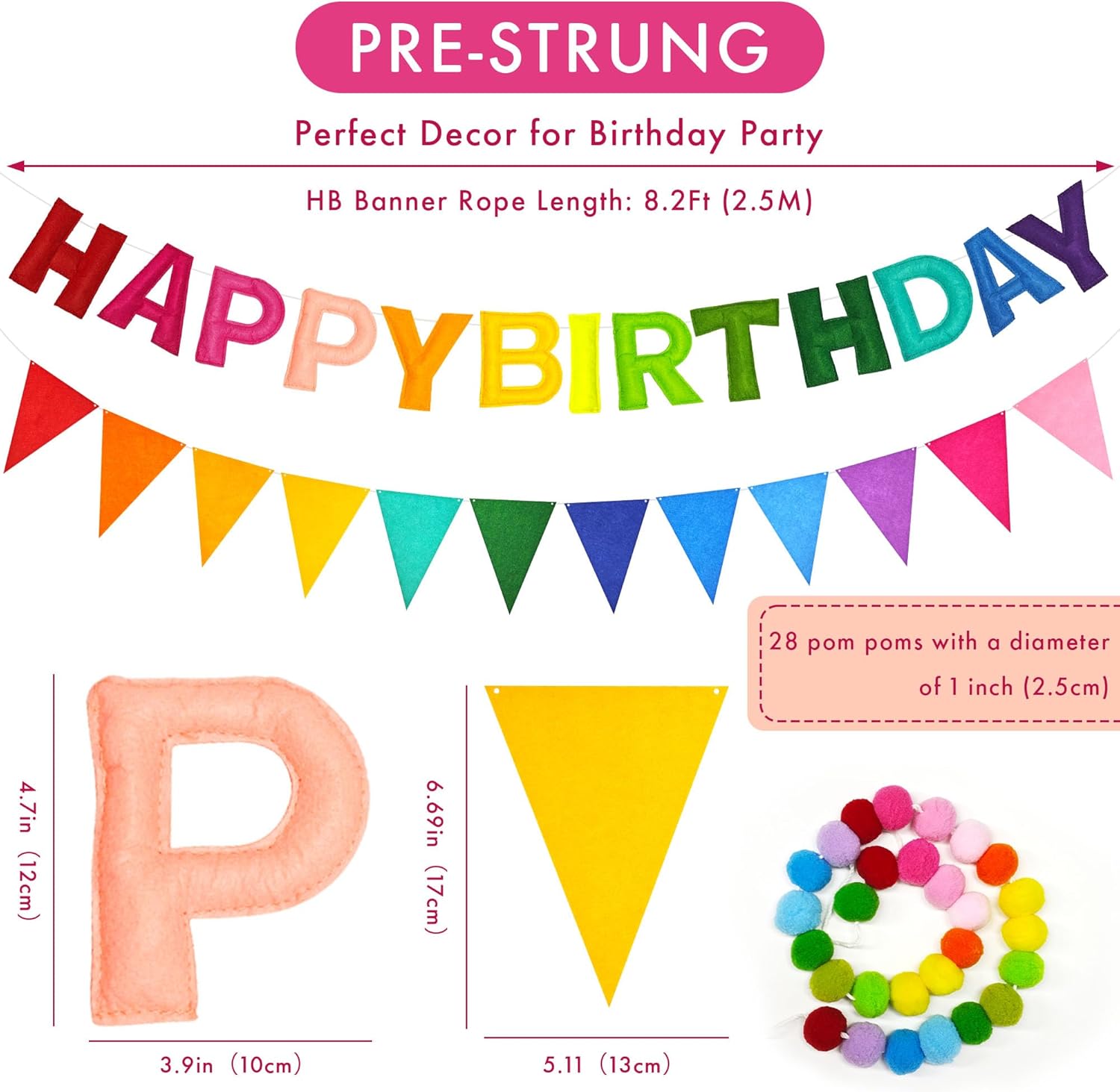 CANREVEL Pre-Strung 3D Happy Birthday Banner, 3 PCS Rainbow Happy Felt Garland, Pom Pom Garland, Triangle Fabric Bunting, Reusable Rainbow Birthday Decorations for Girls Boys Women Men - Image 2