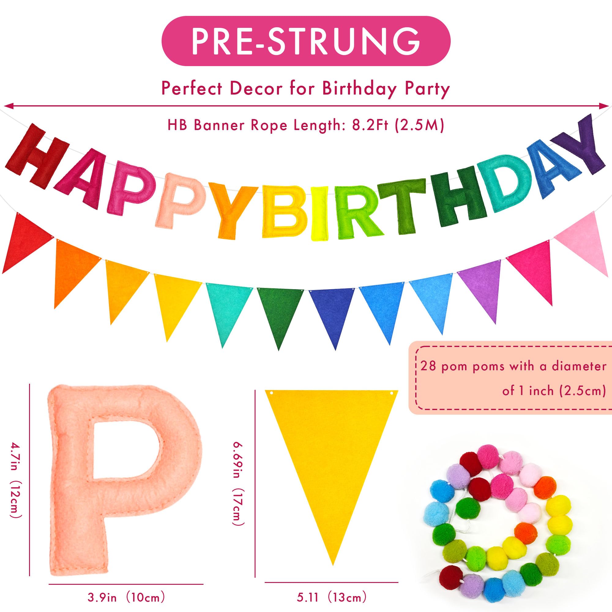 Cartel de feliz cumpleaños preencordado, guirnalda de bolas de fieltro, guirnalda de feliz cumpleaños, letras y bolas de fieltro natural reutilizables hechas a mano para decoración de fiesta de