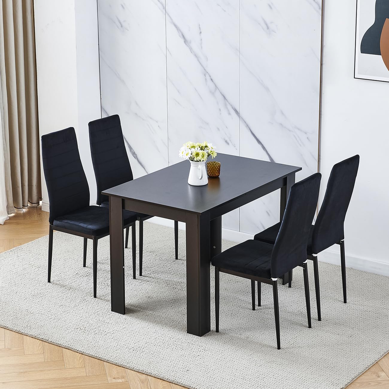 Menaka Wood Dining Table and Chairs Set of 4, Small Rectangular Kitchen Dinner Table with 4 Seaters (line black velvet chairs, 110cm black walnut table, 4 seaters) โ image 1