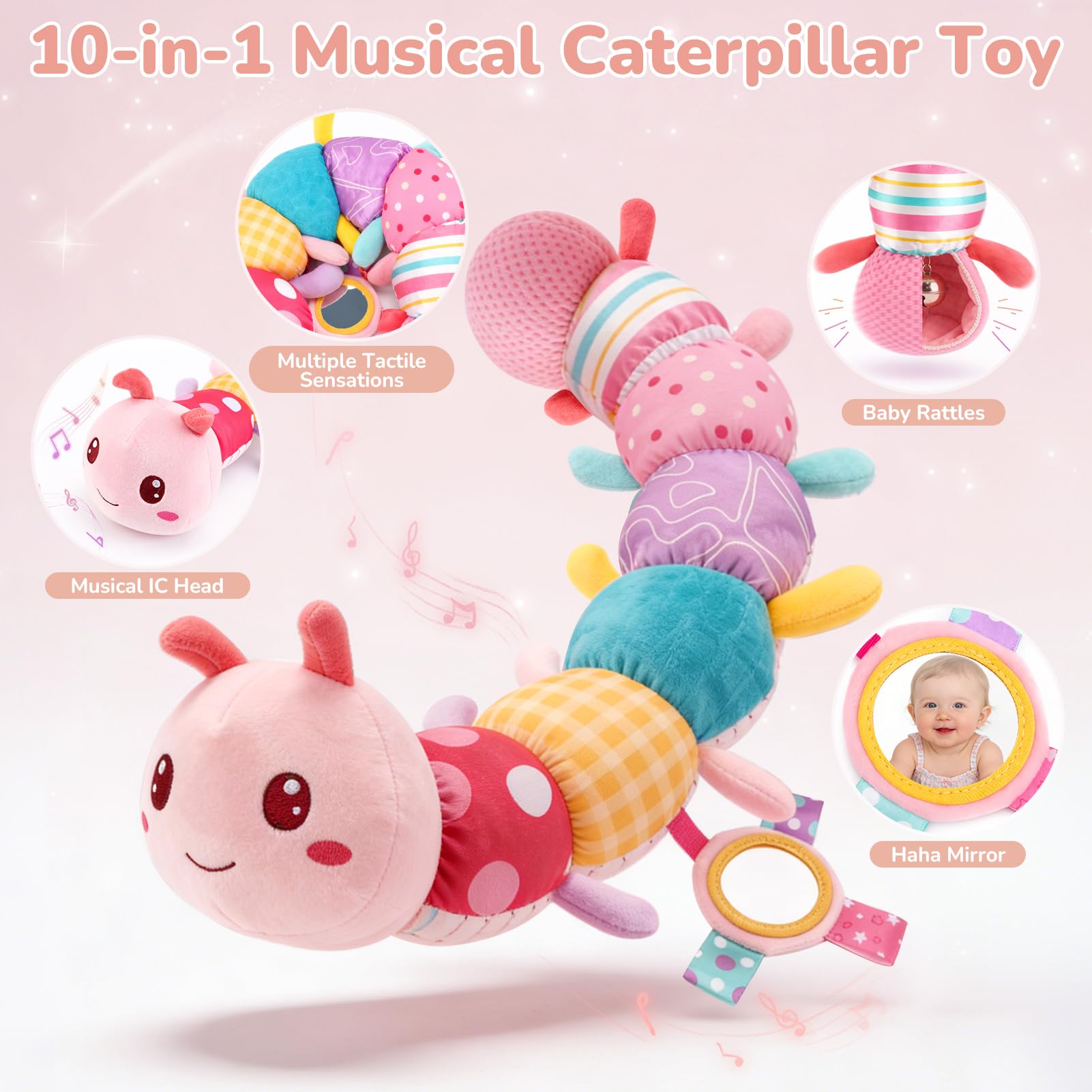 Joyreal Baby Spielzeug ab 3 Monate, Montessori Sensorik SpielzeugBaby 0 3 6 Monate, Baby Geschenk Mädchen, 10-teiliges Set für Neugeborene, Baby Raupe Musikspielzeug, Rasseln, Bänder