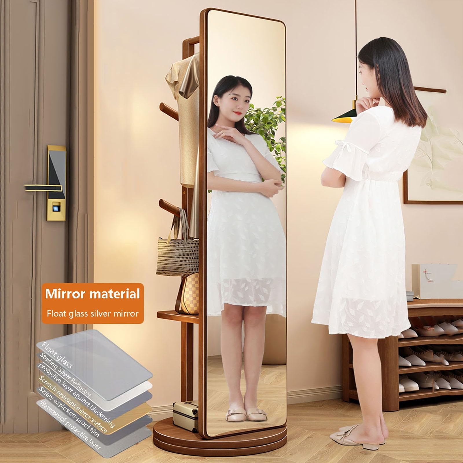 Specchio A Corpo Intero Girevole 360° Con Ruote - Appendiabiti Incorporato - Legno Massello Per Camera Da Letto O Soggiorno - Foto 4