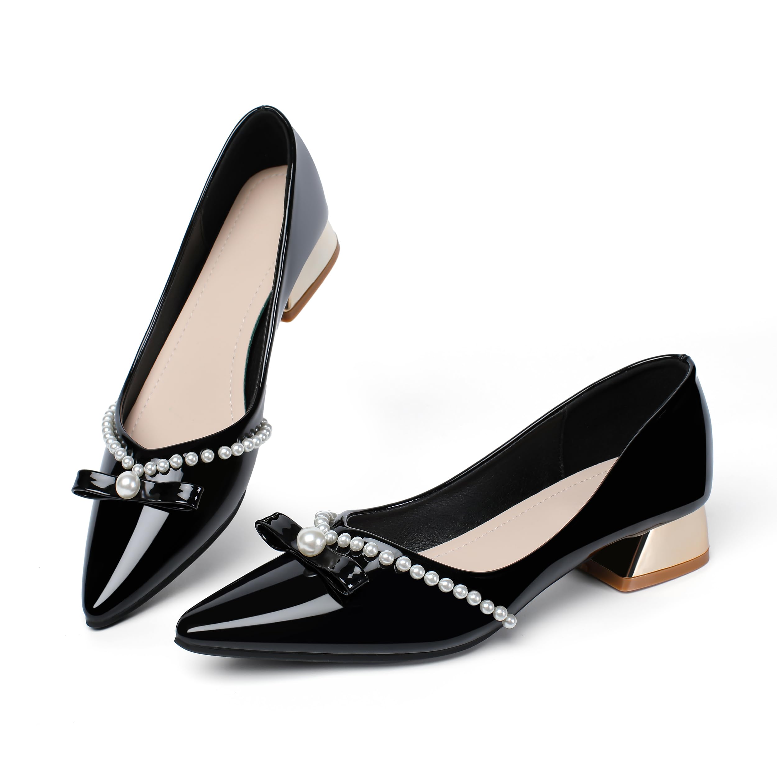 Danglianying Womens Low Heel Comfortable Pearl Dress Wedding Shoes for Office Work Pumps 513 Black Size 11