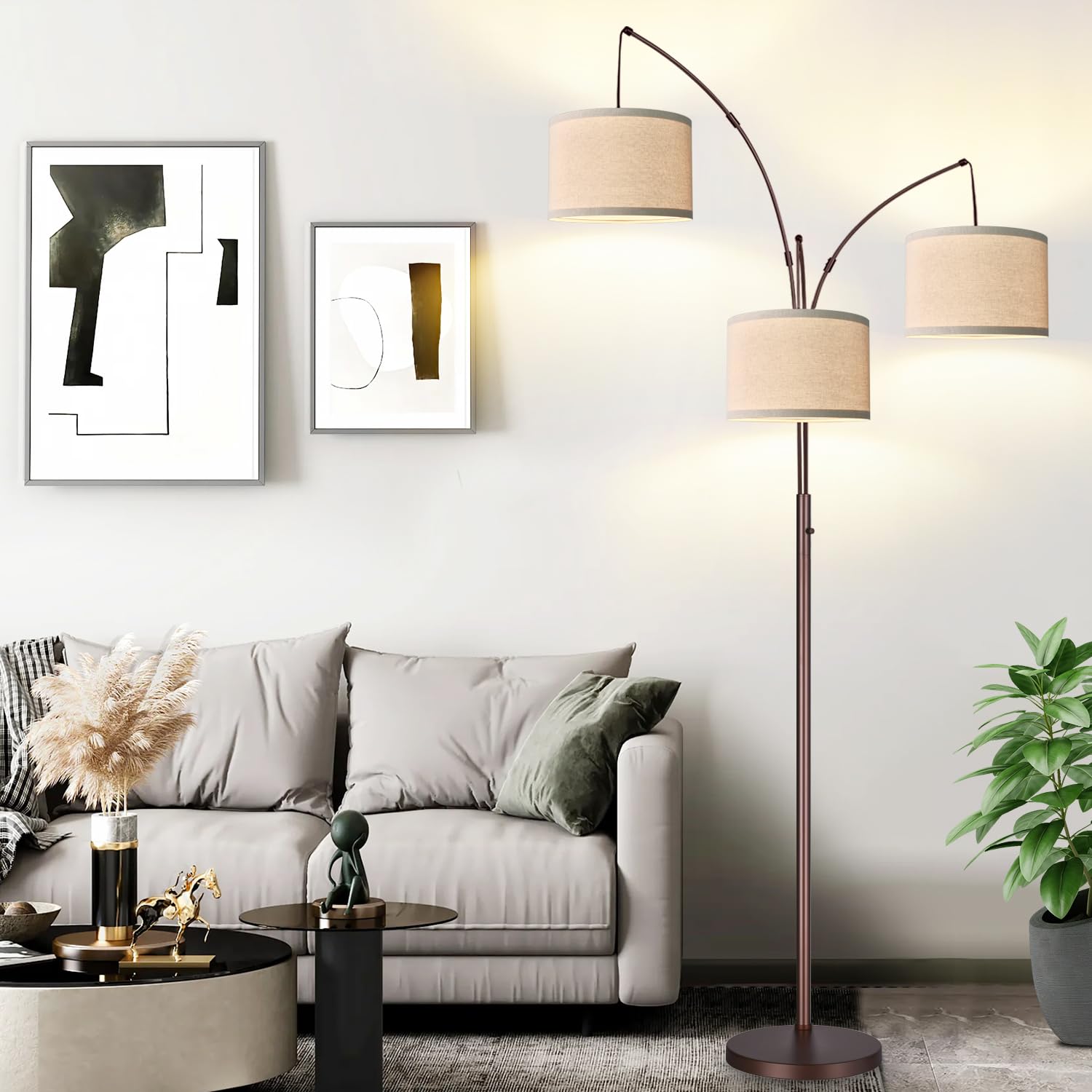 Dimmable Floor Lamp - 3 Lights Arc Floor Lamps for Living Room, 1000LM Modern Tall Standing Lamp With Beige Shades, Mid Century Tree Floor Lamp for Bedroom Office, 3 LED Bulbs Included - Brown