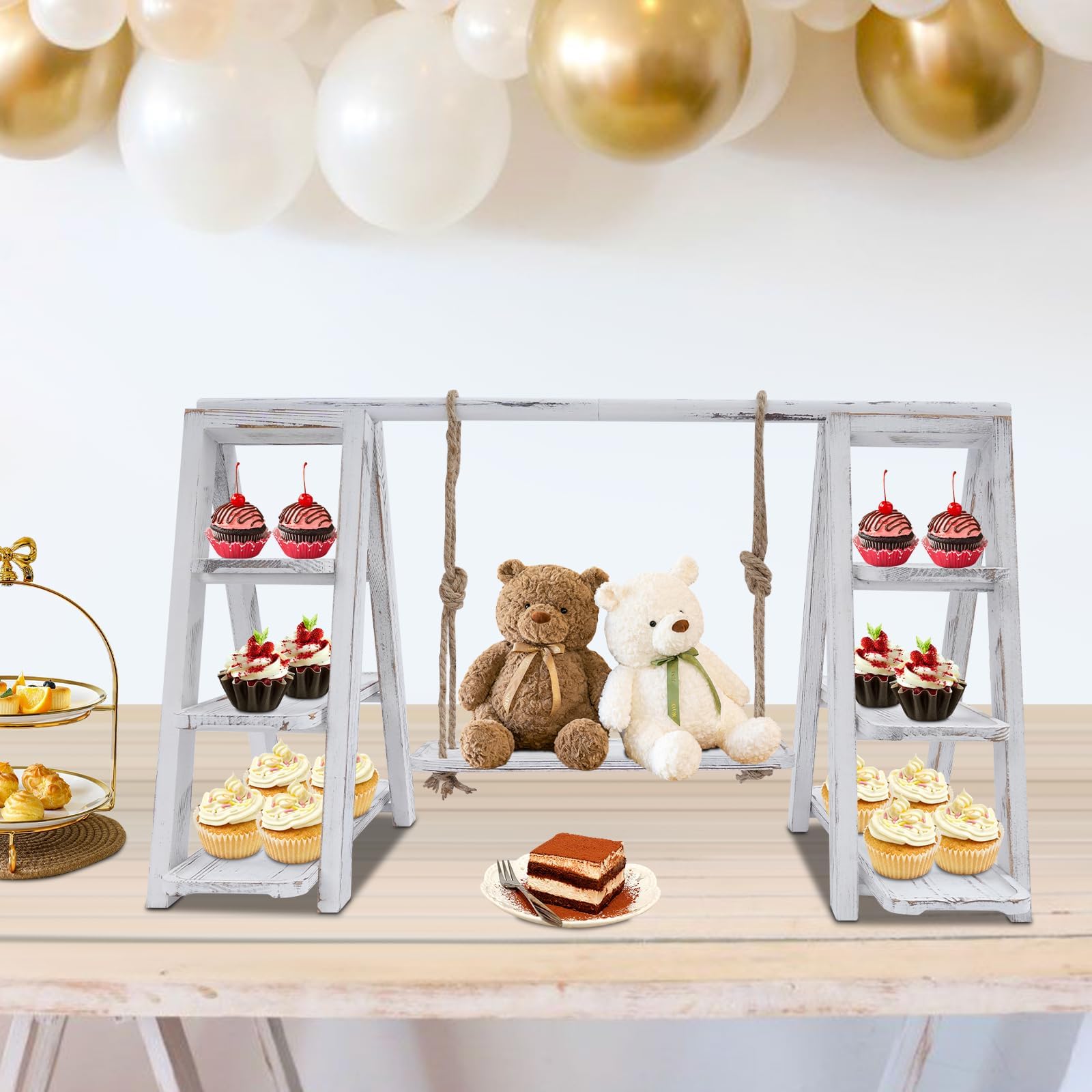 IOENC 3 Tier Wooden Cake Stand with Tray Ladder,28.3×16.9 in Dessert Table Display Set, Cake Pop Stand,for Parties,Birthdays,Weddings, Baby Showers,