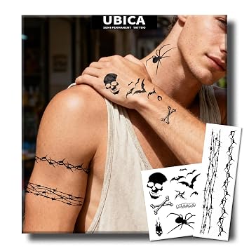 Semi Permanent Tattoo, Gothic Skull & Barbed Wire Design, Medium