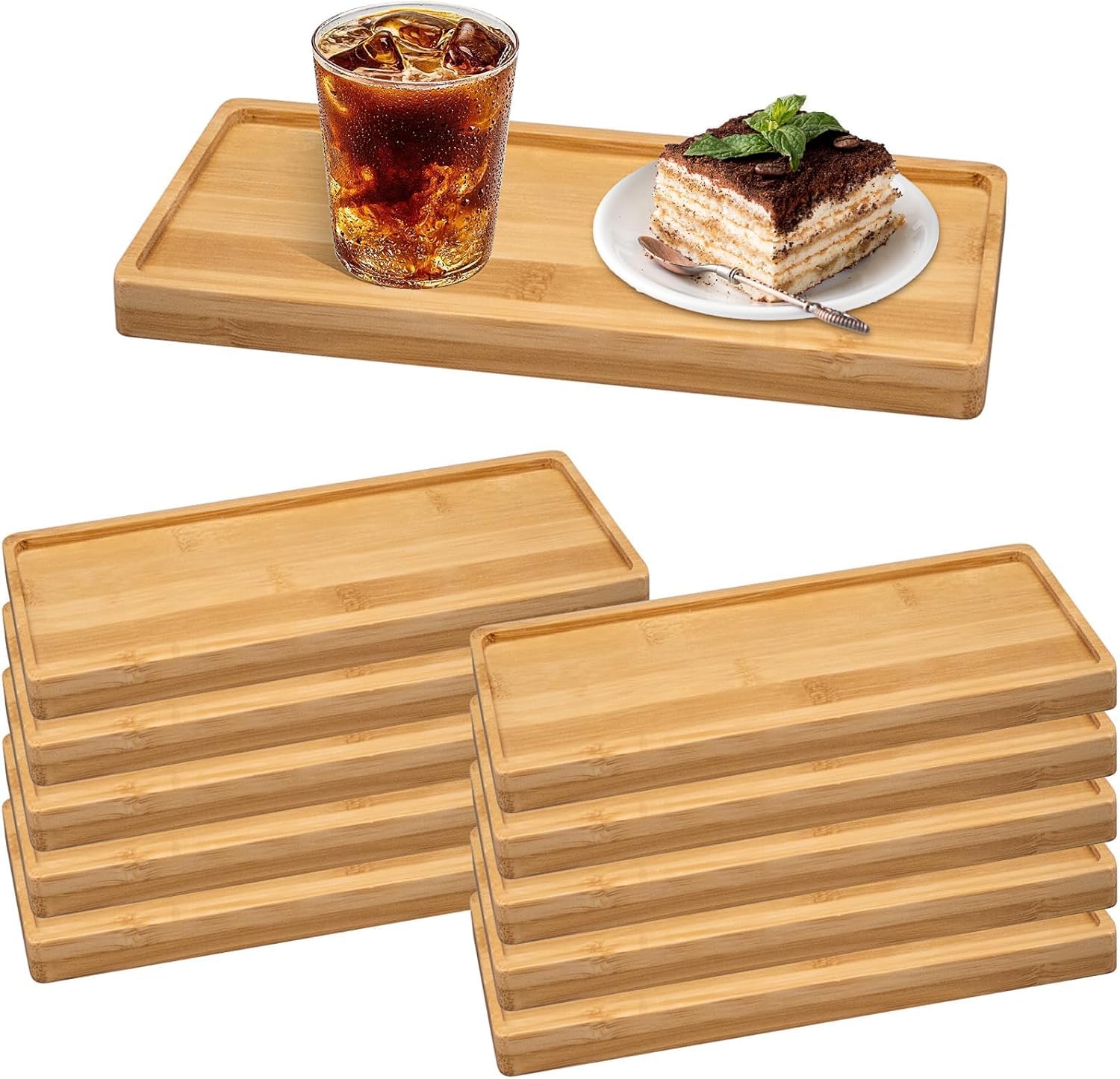 Lote de 10 bandejas rectangulares de madera de bambú, 28 x 10 cm, para desayuno, café, té, vino, frutas, postres, comidas y restaurante
