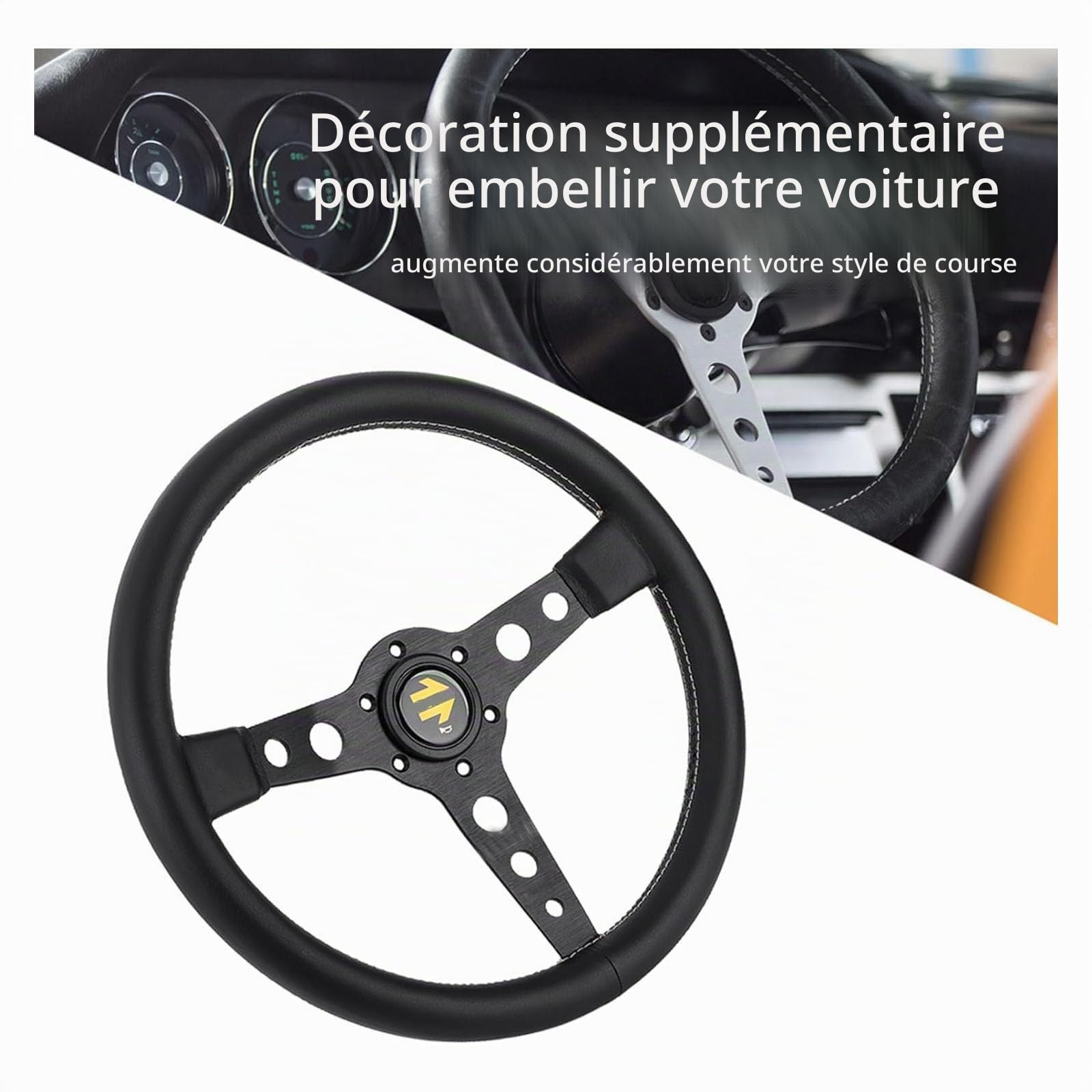 Volant de voiture 350 mm style Prototipo 6 boulons en cuir noir volant de course coutures grises avec bouton klaxon