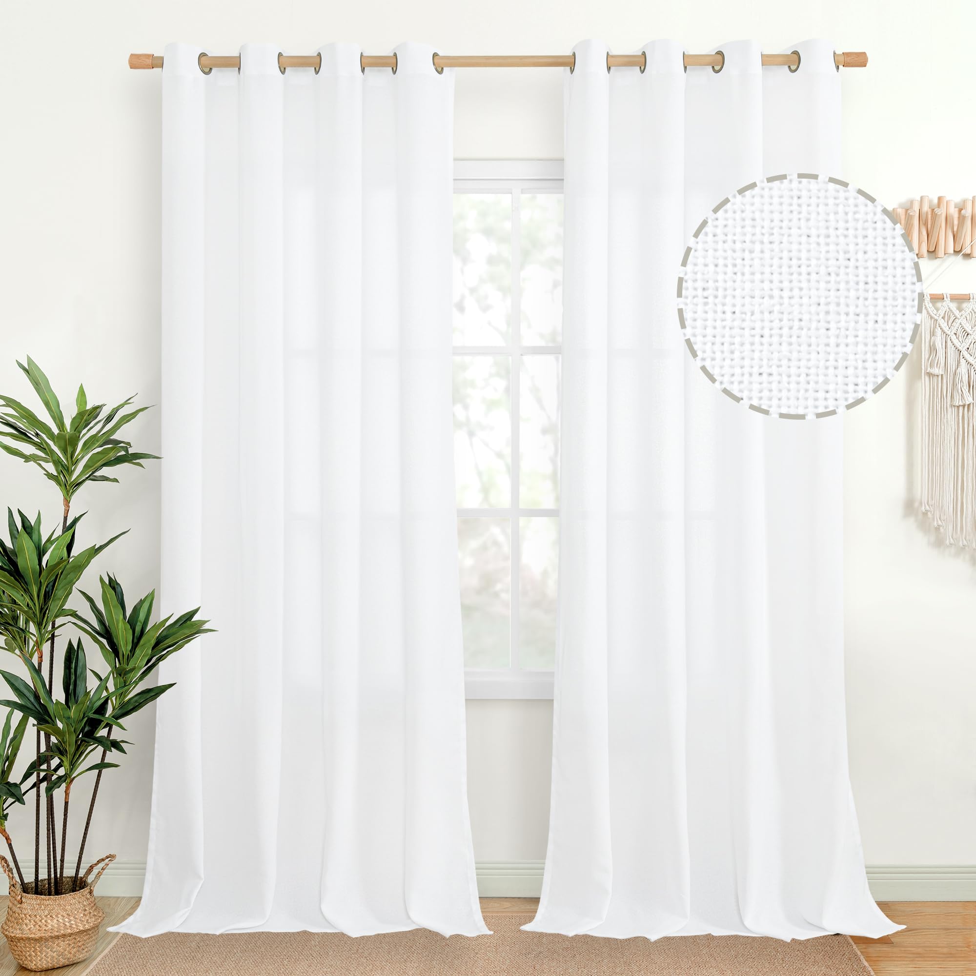 YoungsTex White Linen Curtains 95 inches Length for Living Room, Textured Semi Sheer Window Treatments Extra Long with Bronze Grommet Light Filtering for Bedroom Dining, 52 X 95 Inch, 2 Panels