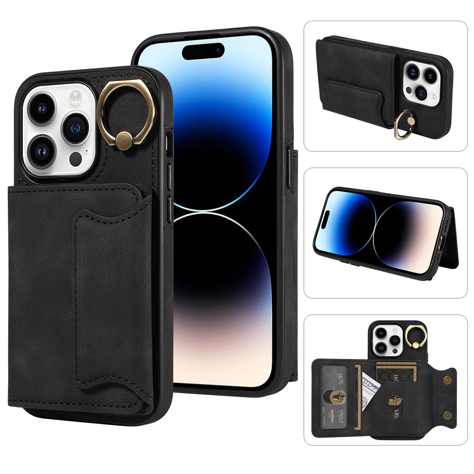 for iPhone 14 Pro Wallet Case with Card Holder,360°Rotation Ring Holder Stand Card Slots Kickstand Protective Case PU Leather Double Snap Durable Shockproof Cover for iPhone 14 Pro Black