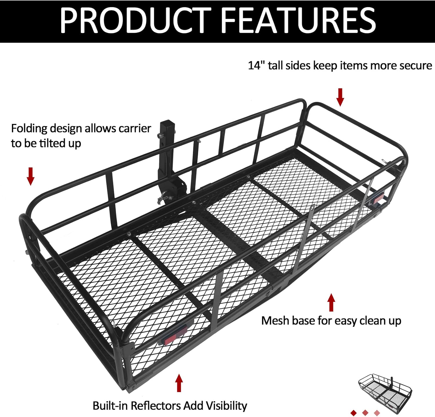 Folding Hitch Mount Cargo Carrier 60" x 24" x 14" 510 LB Capacity Heavy Duty Cargo Rack Rear Luggage Basket Fits 2" Receiver for Car SUV Pickup Trailer Camping