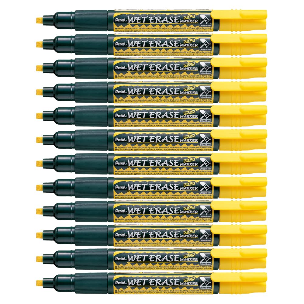 Pentel SMW26-GO Wet Erase Marker, Kreidemarker, Feucht abwischbar, Keilspitze, 12 Stück, Gelb