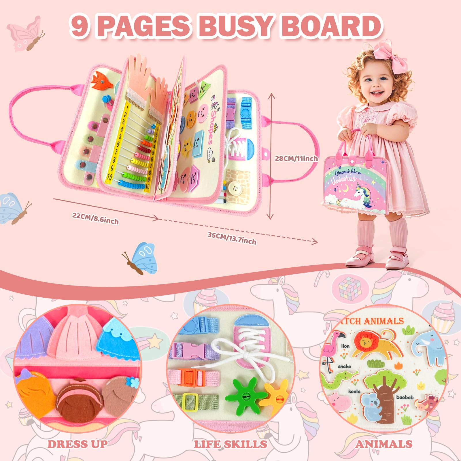 Sumtoco Busy Board, Giochi Montessori 1 Anno, Giochi Bambini 2 Anni, Libro Montessori Interattivo, Regalo Bambina 1 2 3 4 5 Anni, Montessori 2 Anni, Libri Bambini 1, Quiet Book, Regalo di Compleanno