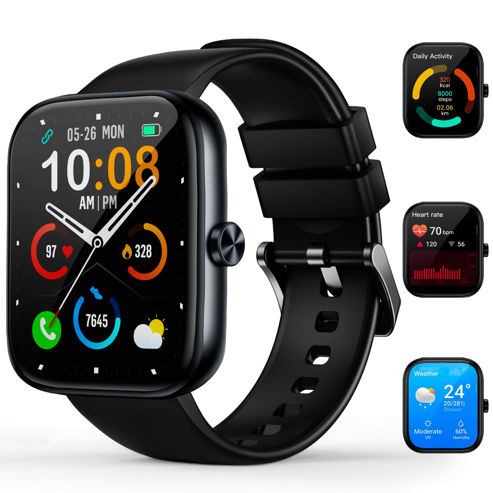 Smart Watch for Men Women, 1.83" HD Touchscreen Fitness Watch with Bluetooth Call&Message Notifications, 110+Sport Modes, 24/7 Heart Rate/Sleep Monitor, IP68 Waterproof Fitness Tracker, Midnight Black
