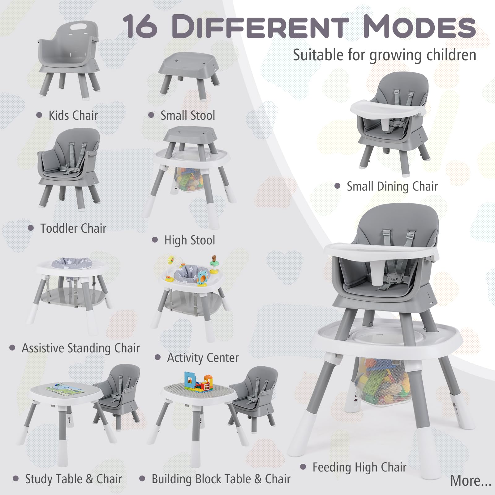 RELAX4LIFE 16 en 1 Trona Evolutiva Bebé con Altura Ajustable, Asiento Giratorio 360°, Mesa Doble Cara y Arnés de Seguridad, Trona Bebé con Bandeja Ajustable, Silla Alta para Niños 6-36 Meses (Blanco)