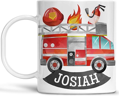 Kids Personalized Fire Trucks Mug Customize with Child's Name | Lightweight Unbreakable Cup | Dishwasher Safe | BPA Melamine Free