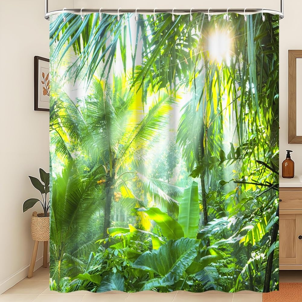 Xiaoterna Spring Shower Curtain Tropical Rainforest Lush Green Foliage in Jungle Bathroom Curtain Jungle Safari Sunrise Waterproof Shower Curtain Machine Washable Waterproof Fabric 180x240cm