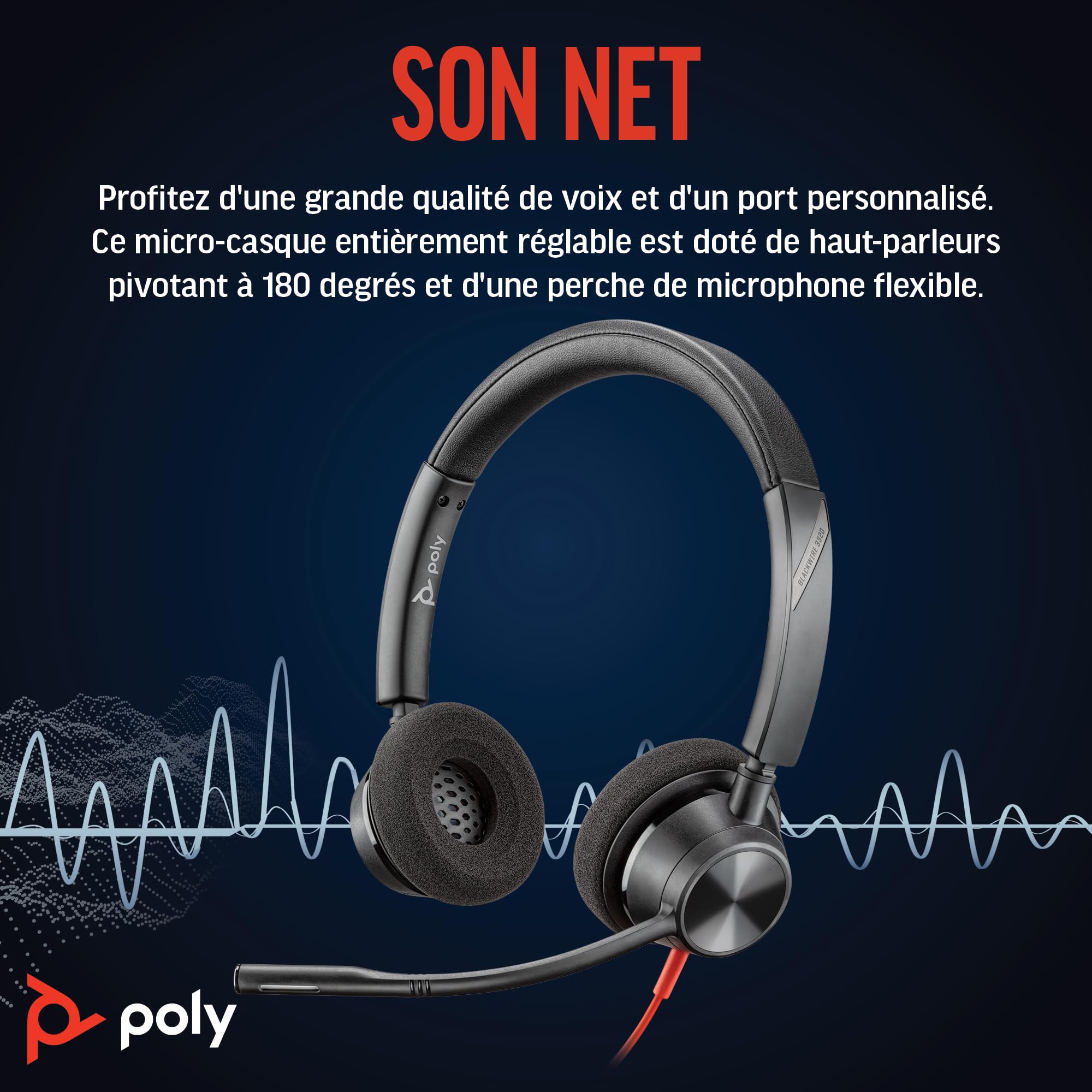 Micro-casque filaire Poly Blackwire 3320 – Perche de microphone flexible – Stéréo hi-fi - Connexion à un PC/Mac via USB-C ou USB-A - Certifié pour Microsoft Teams